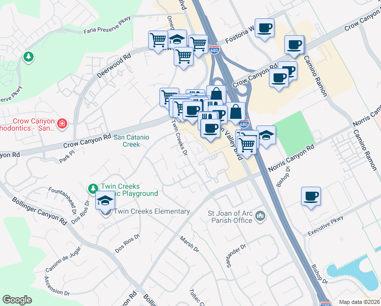 map of restaurants, bars, coffee shops, grocery stores, and more near 101 Compton Circle in San Ramon