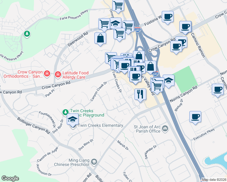 map of restaurants, bars, coffee shops, grocery stores, and more near 417 Carillo Court in San Ramon