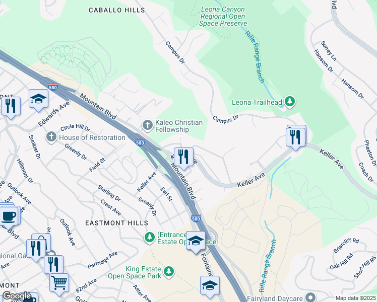 map of restaurants, bars, coffee shops, grocery stores, and more near 8009 Greenridge Drive in Oakland