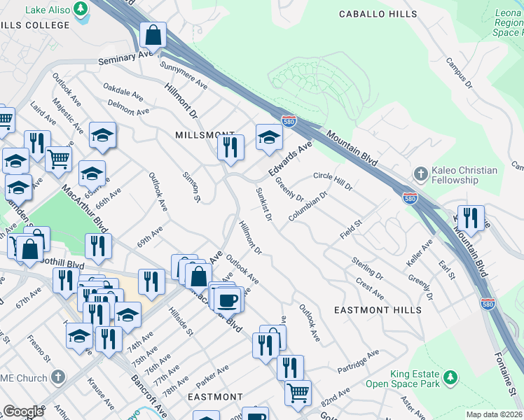 map of restaurants, bars, coffee shops, grocery stores, and more near 7209 Sunkist Drive in Oakland