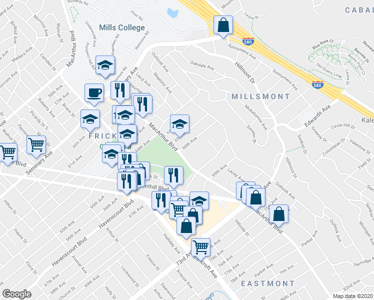 map of restaurants, bars, coffee shops, grocery stores, and more near 6514 MacArthur Boulevard in Oakland