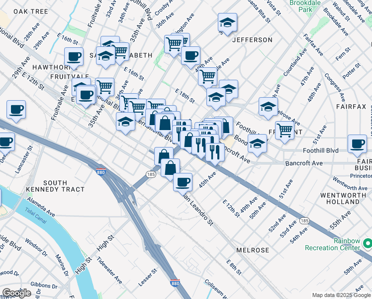 map of restaurants, bars, coffee shops, grocery stores, and more near in Oakland