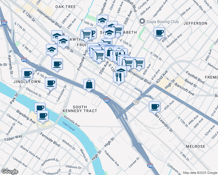 map of restaurants, bars, coffee shops, grocery stores, and more near 3627 San Leandro Street in Oakland
