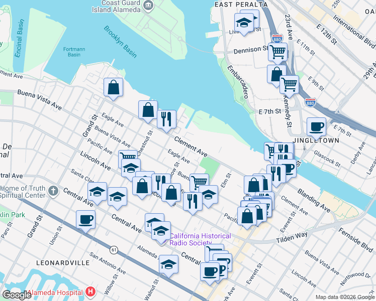 map of restaurants, bars, coffee shops, grocery stores, and more near 1928 Willow Street in Alameda
