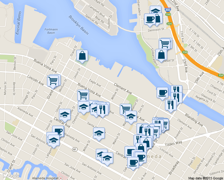 map of restaurants, bars, coffee shops, grocery stores, and more near 2051 Eagle Avenue in Alameda