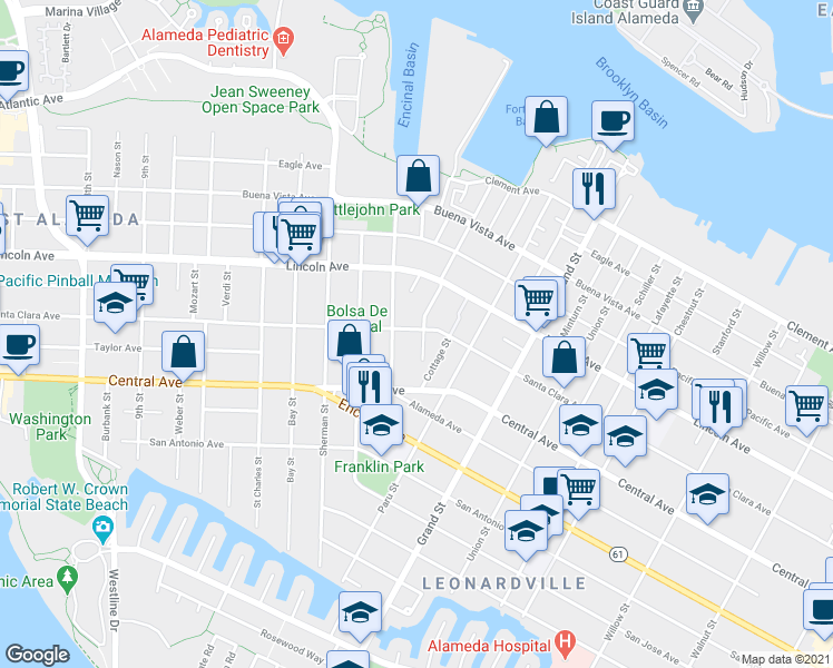 map of restaurants, bars, coffee shops, grocery stores, and more near 1505 Santa Clara Avenue in Alameda