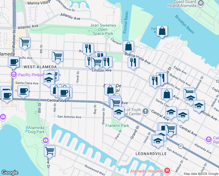 map of restaurants, bars, coffee shops, grocery stores, and more near 1401 Santa Clara Avenue in Alameda