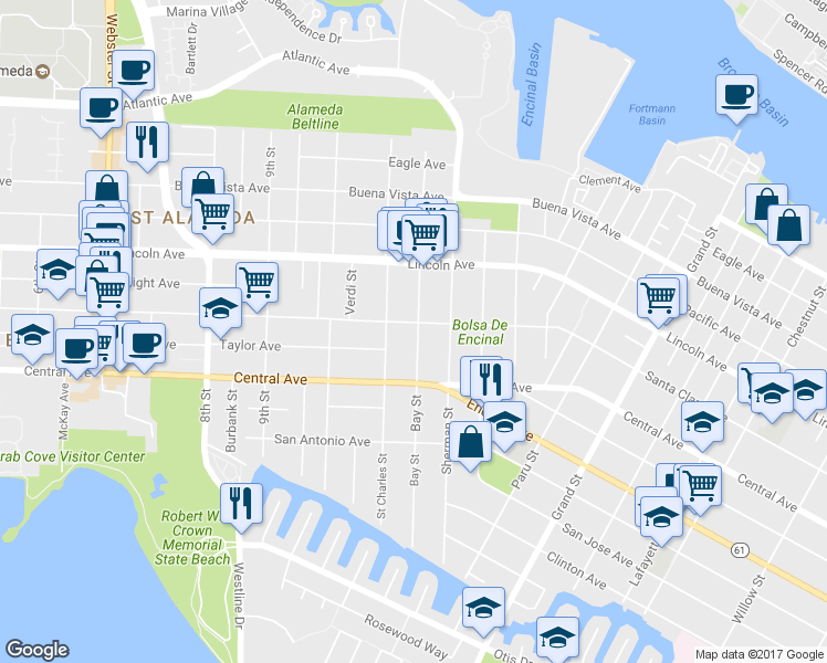 map of restaurants, bars, coffee shops, grocery stores, and more near in Alameda