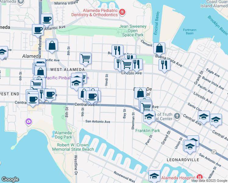 map of restaurants, bars, coffee shops, grocery stores, and more near 1036 Santa Clara Avenue in Alameda
