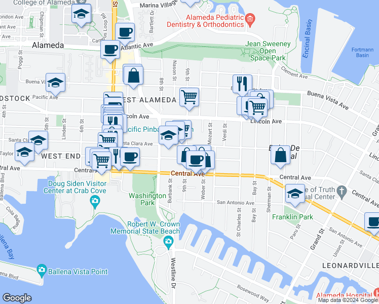 map of restaurants, bars, coffee shops, grocery stores, and more near 918 Santa Clara Avenue in Alameda