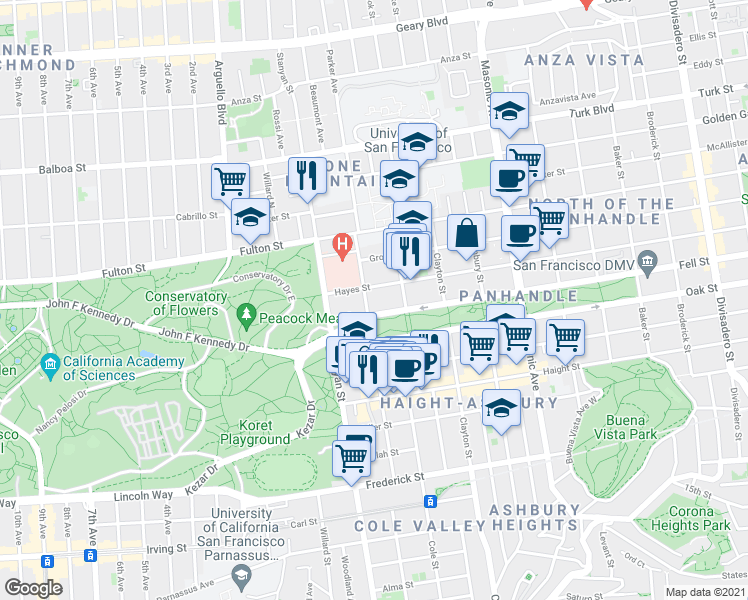 map of restaurants, bars, coffee shops, grocery stores, and more near 2185 Hayes Street in San Francisco