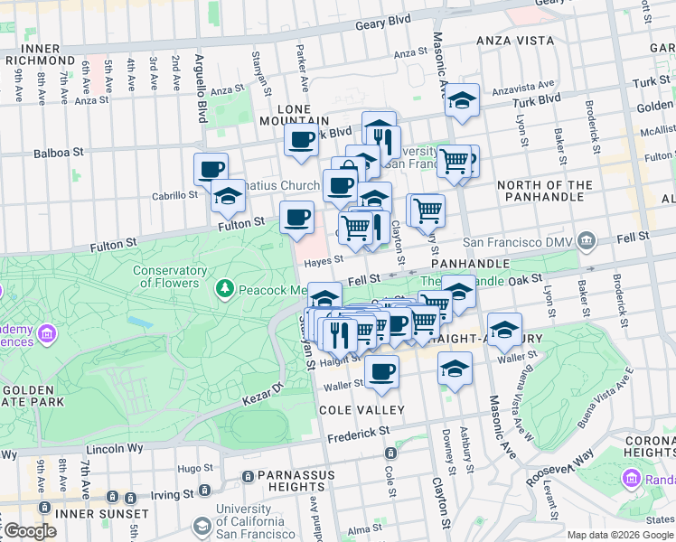 map of restaurants, bars, coffee shops, grocery stores, and more near 2185 Hayes Street in San Francisco