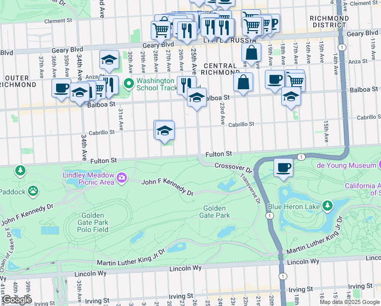 map of restaurants, bars, coffee shops, grocery stores, and more near 879 26th Avenue in San Francisco