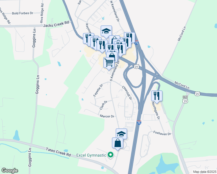 map of restaurants, bars, coffee shops, grocery stores, and more near 200 South Keeneland Drive in Richmond