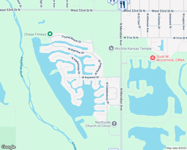 map of restaurants, bars, coffee shops, grocery stores, and more near 4917 N Sandkey Ct in Wichita