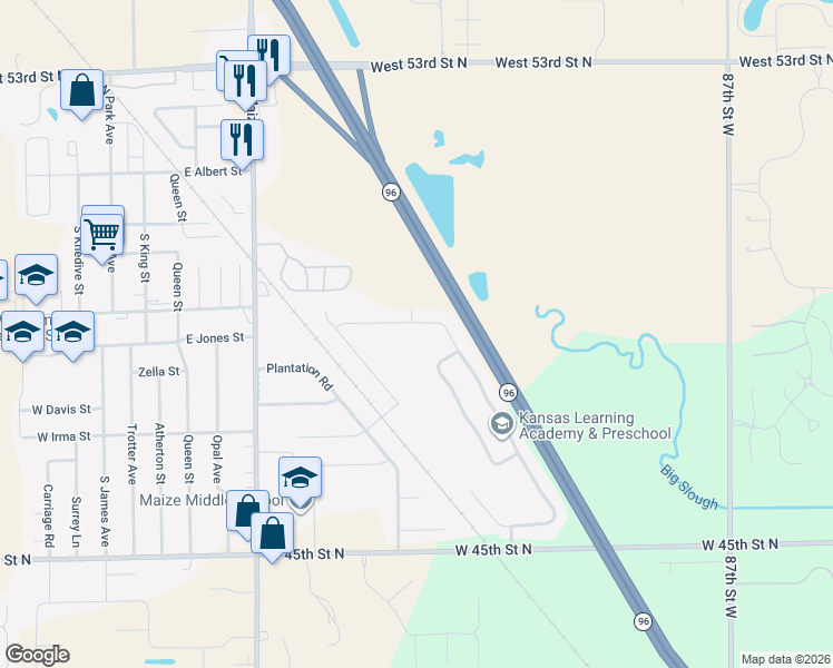 map of restaurants, bars, coffee shops, grocery stores, and more near 516 South Longbranch Drive in Maize
