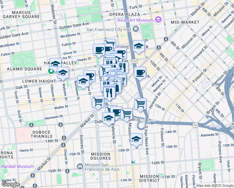 map of restaurants, bars, coffee shops, grocery stores, and more near 1687 Market Street in San Francisco