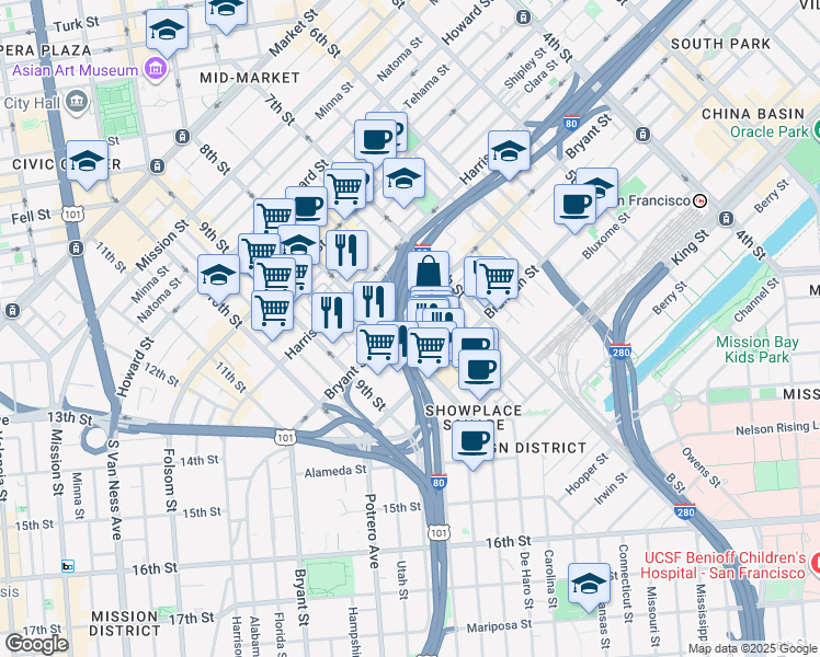 map of restaurants, bars, coffee shops, grocery stores, and more near 12 Kate Street in San Francisco