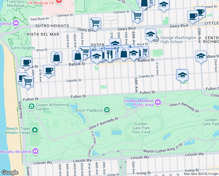map of restaurants, bars, coffee shops, grocery stores, and more near 843 37th Avenue in San Francisco