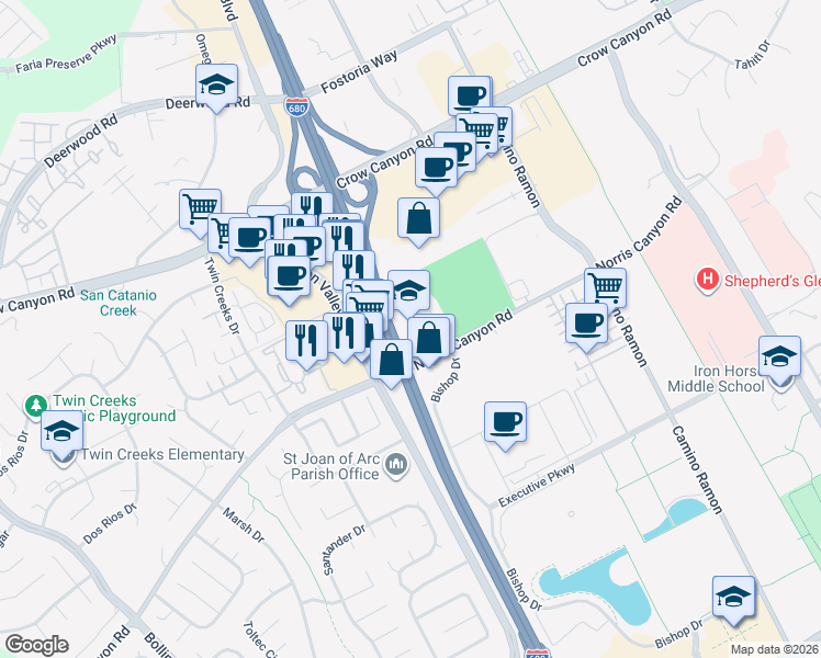map of restaurants, bars, coffee shops, grocery stores, and more near 1 Annabel Lane in San Ramon