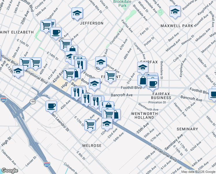 map of restaurants, bars, coffee shops, grocery stores, and more near Foothill Boulevard & 48th Avenue in Oakland
