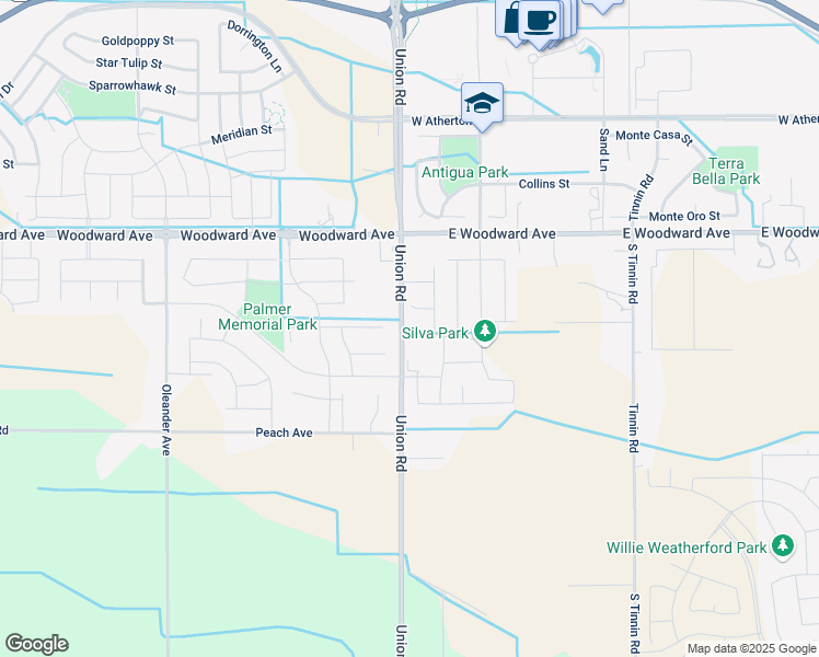 map of restaurants, bars, coffee shops, grocery stores, and more near 1142 Everett Court in Manteca