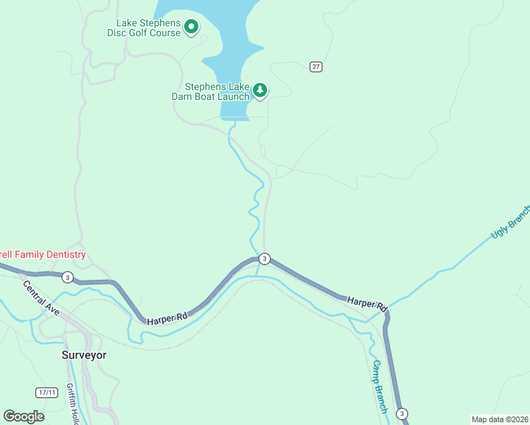 map of restaurants, bars, coffee shops, grocery stores, and more near Dinges Branch-Stevens Branch in Surveyor