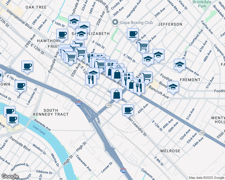 map of restaurants, bars, coffee shops, grocery stores, and more near 4016 East 12th Street in Oakland