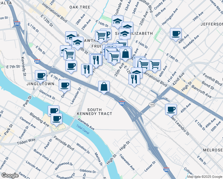 map of restaurants, bars, coffee shops, grocery stores, and more near 854 35th Avenue in Oakland