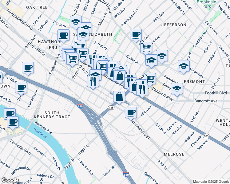 map of restaurants, bars, coffee shops, grocery stores, and more near 4016 East 12th Street in Oakland