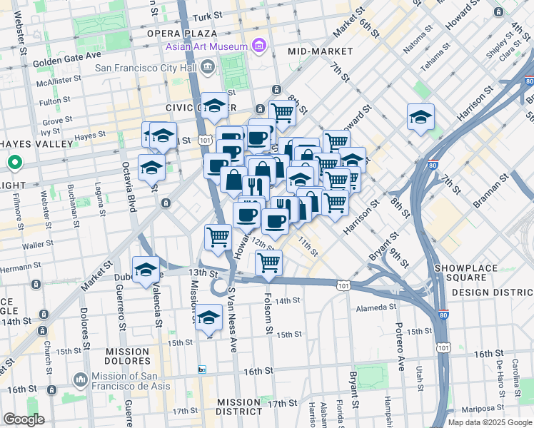map of restaurants, bars, coffee shops, grocery stores, and more near 969 Natoma Street in San Francisco