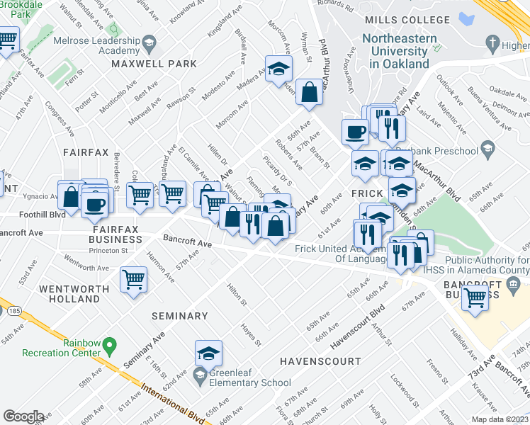 map of restaurants, bars, coffee shops, grocery stores, and more near 5800 Kingsley Circle in Oakland