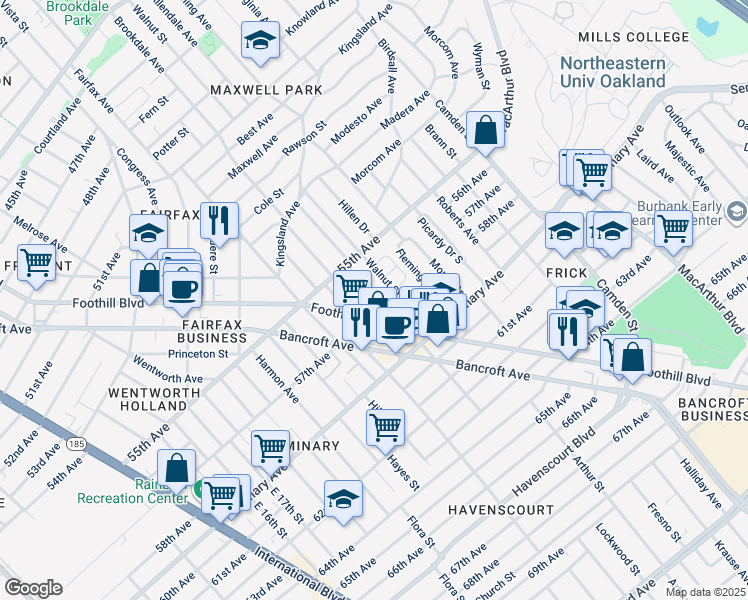 map of restaurants, bars, coffee shops, grocery stores, and more near 5706 Brookdale Avenue in Oakland