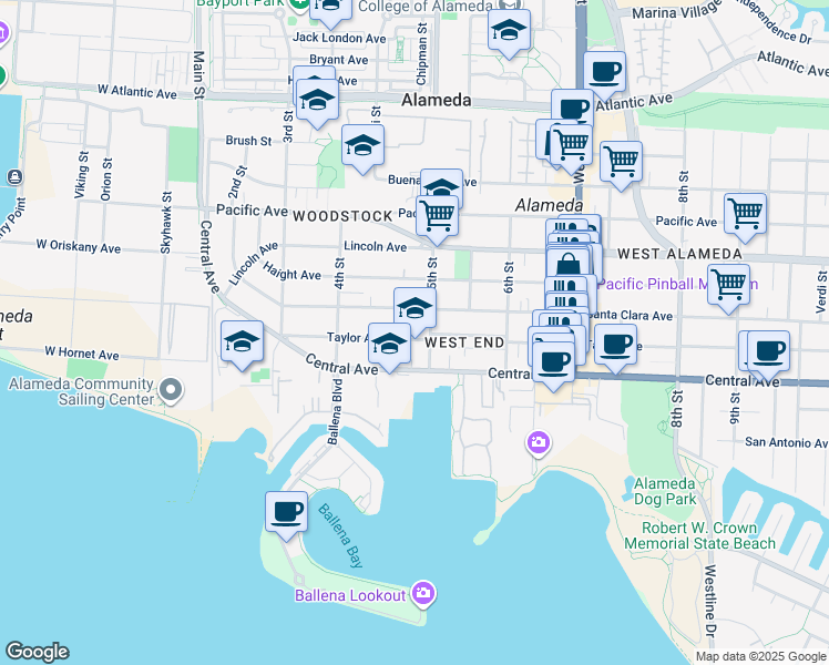map of restaurants, bars, coffee shops, grocery stores, and more near 465 Taylor Avenue in Alameda
