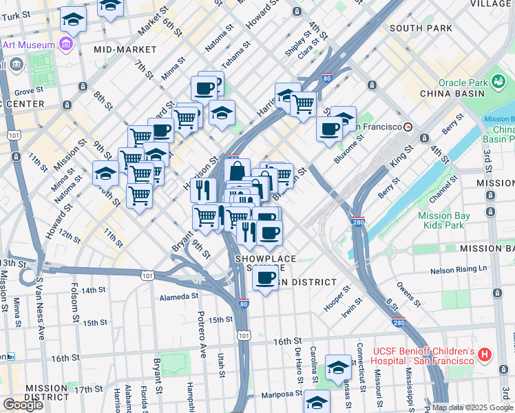 map of restaurants, bars, coffee shops, grocery stores, and more near 360 Langton Street in San Francisco
