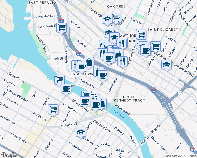 map of restaurants, bars, coffee shops, grocery stores, and more near 2934 Ford Street in Oakland