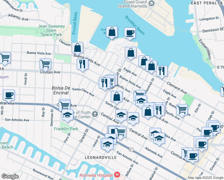 map of restaurants, bars, coffee shops, grocery stores, and more near 1707 Lincoln Avenue in Alameda