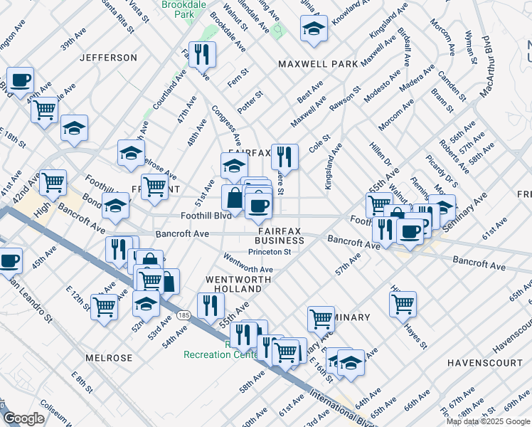 map of restaurants, bars, coffee shops, grocery stores, and more near 5224 Fairfax Avenue in Oakland