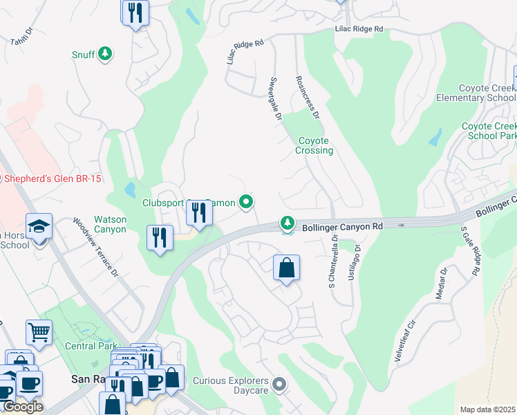 map of restaurants, bars, coffee shops, grocery stores, and more near 480 Bollinger Canyon Lane in San Ramon