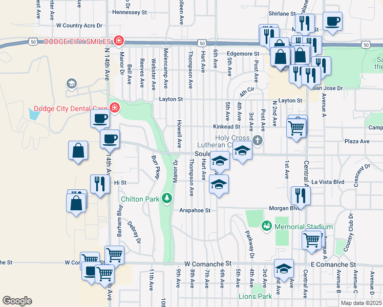 map of restaurants, bars, coffee shops, grocery stores, and more near 2199 Thompson Avenue in Dodge City