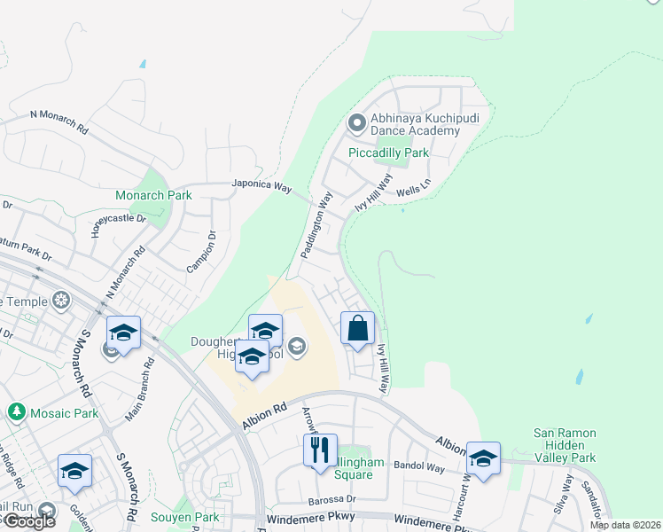 map of restaurants, bars, coffee shops, grocery stores, and more near 5001 Queensbury Way in San Ramon