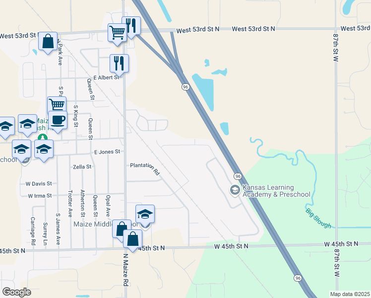 map of restaurants, bars, coffee shops, grocery stores, and more near 440 South Longbranch Drive in Maize
