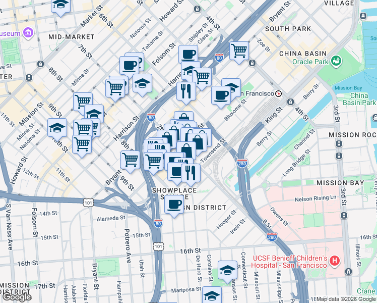 map of restaurants, bars, coffee shops, grocery stores, and more near 617 7th Street in San Francisco