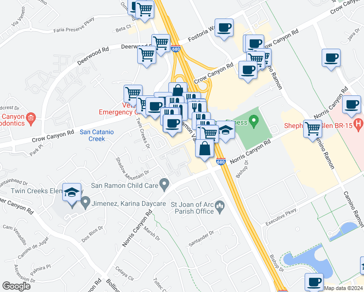 map of restaurants, bars, coffee shops, grocery stores, and more near 2911 Canyon Village Circle in San Ramon