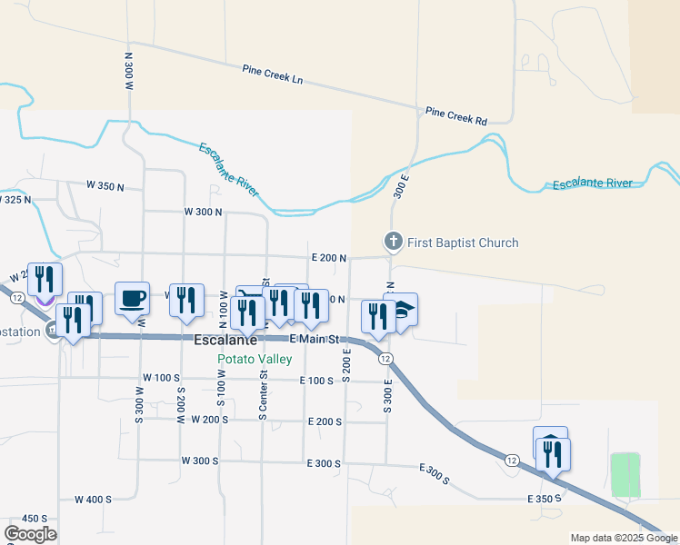 map of restaurants, bars, coffee shops, grocery stores, and more near 162-186 East 200 North in Escalante