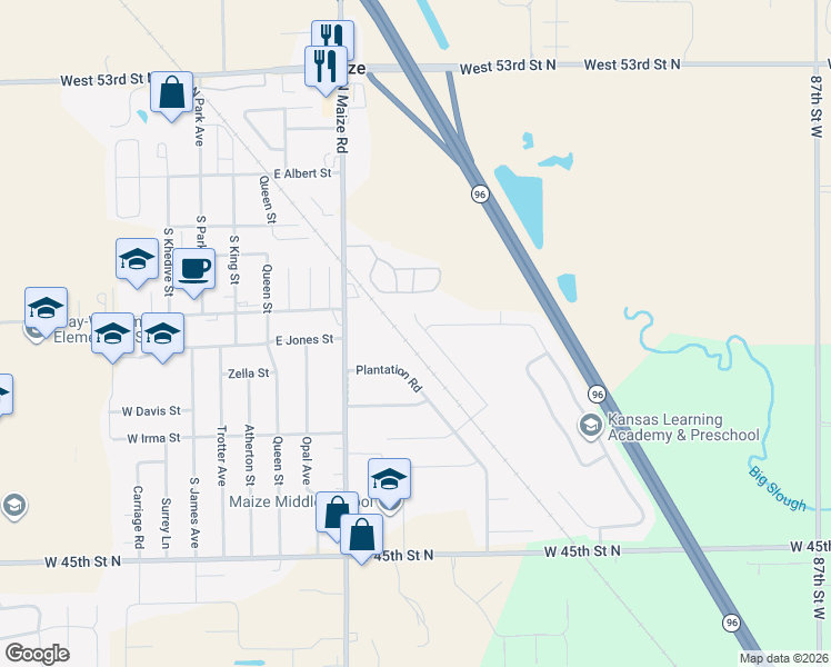 map of restaurants, bars, coffee shops, grocery stores, and more near South Sweetwater Road in Maize