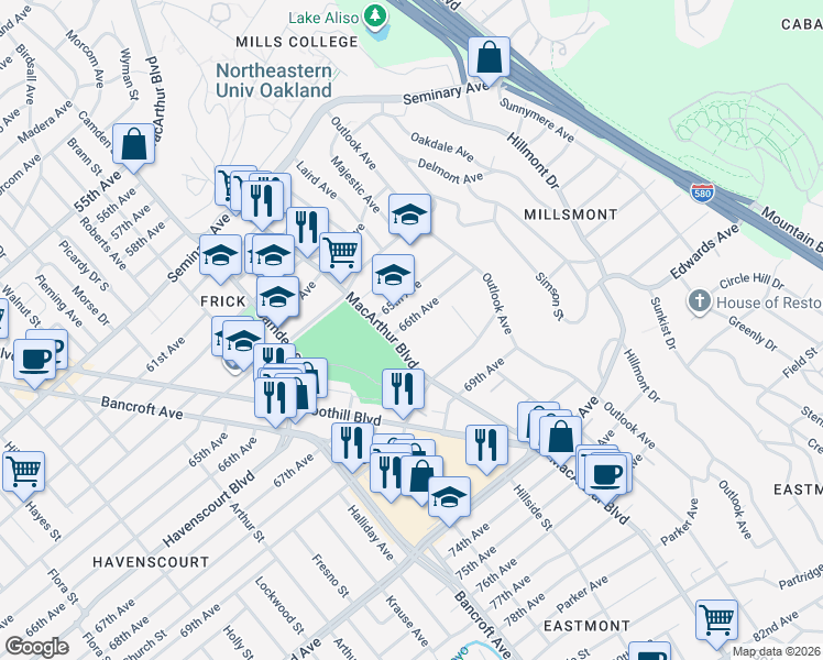 map of restaurants, bars, coffee shops, grocery stores, and more near 6630 MacArthur Boulevard in Oakland