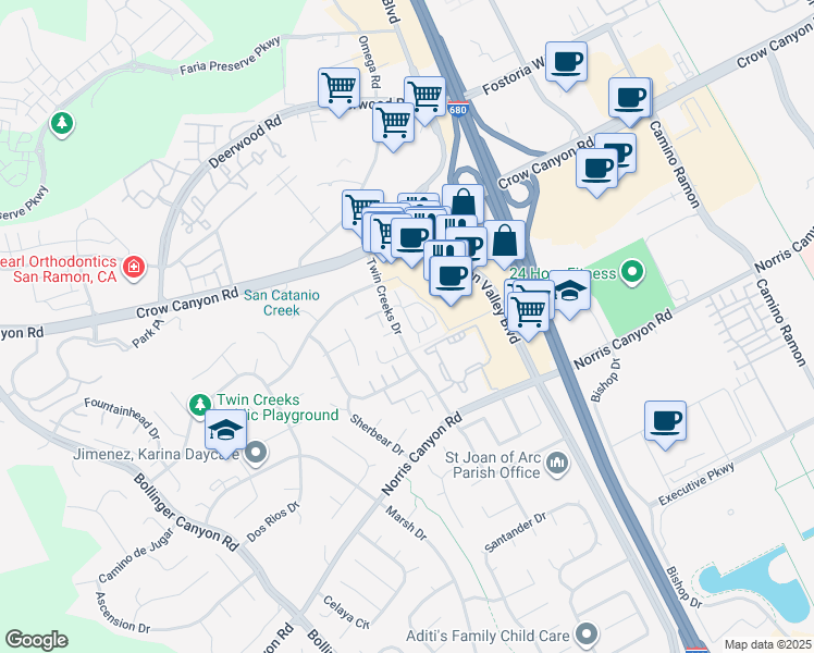 map of restaurants, bars, coffee shops, grocery stores, and more near 101 Compton Circle in San Ramon
