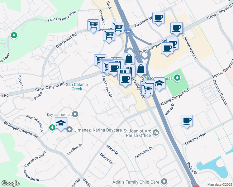 map of restaurants, bars, coffee shops, grocery stores, and more near 101 Compton Circle in San Ramon