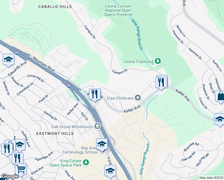 map of restaurants, bars, coffee shops, grocery stores, and more near 8067 Greenridge Drive in Oakland